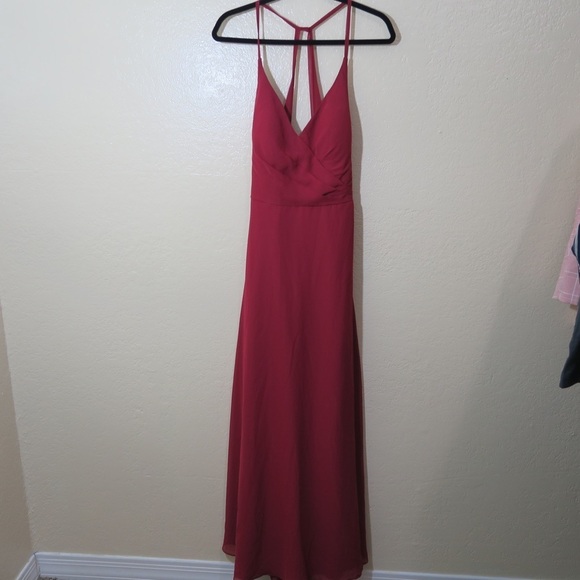 Azazie David A-line Pleated Chiffon Floor Length Dress Burgundy Formal Wedding - Picture 3 of 13